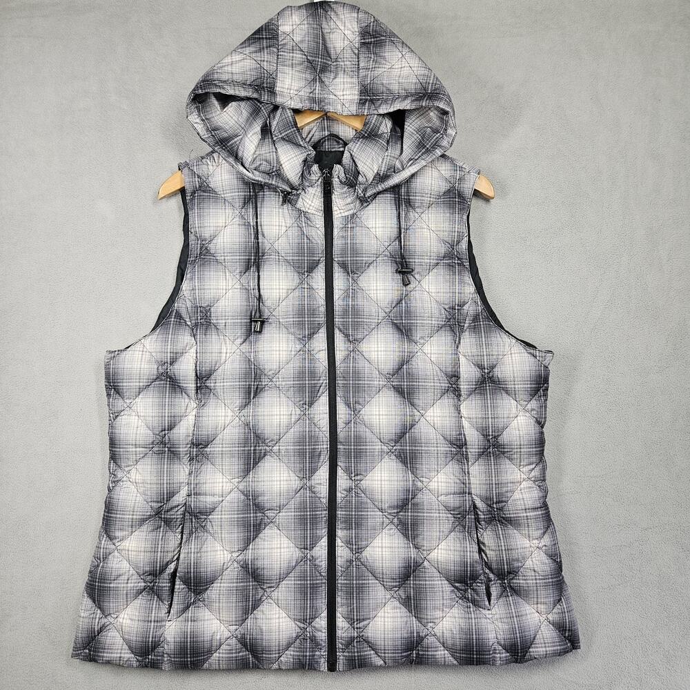 Pendleton Vest Womens XL Puffer Down Filled Full Zip Hooded Plaid Black White